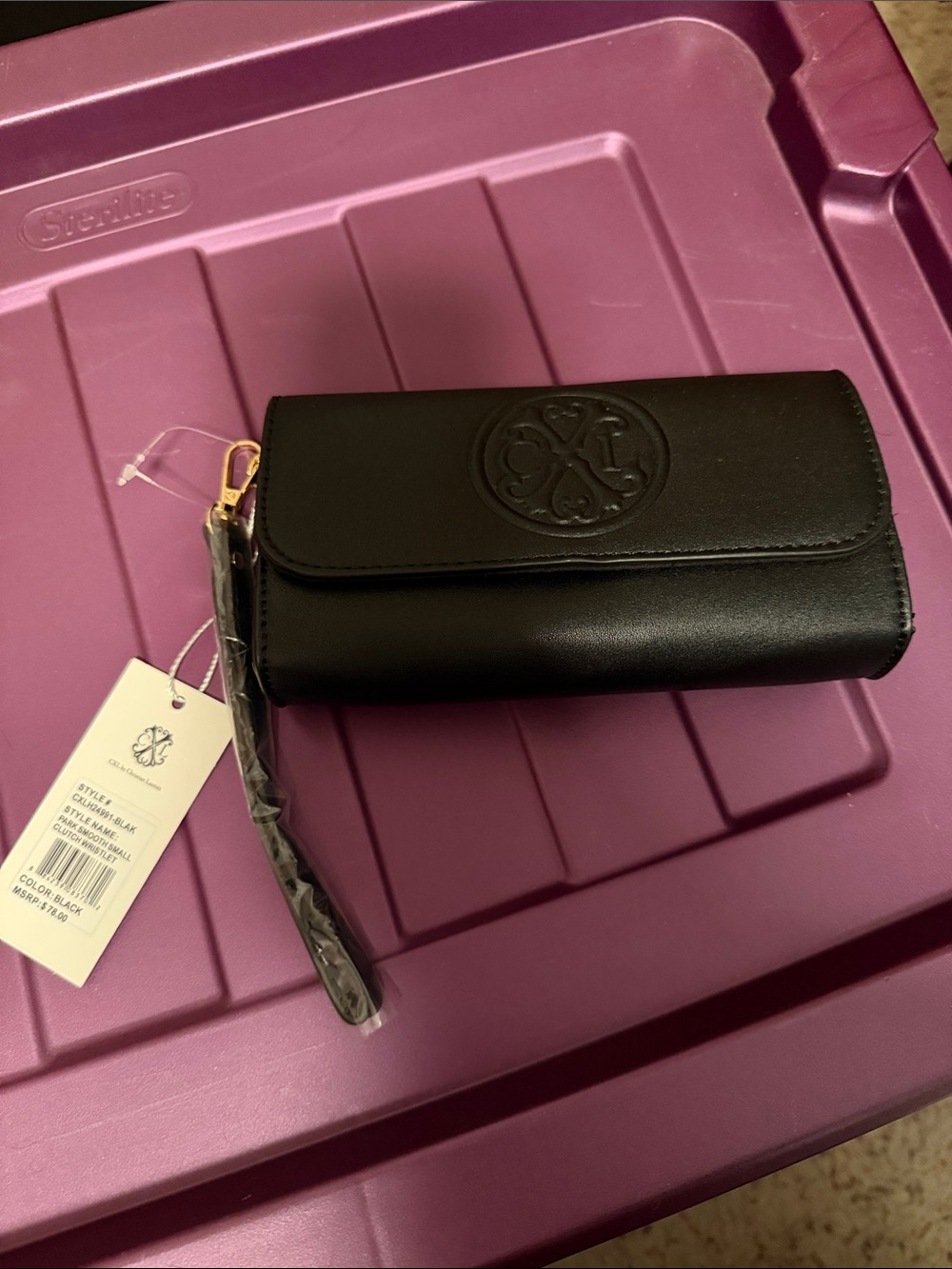 Christian Lacroix Black Leather Wristlet Clutch w/Embossed Logo